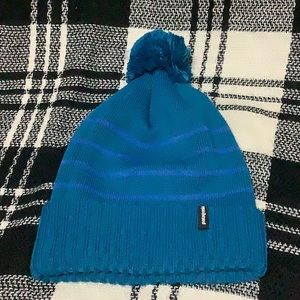 Patagonia blue striped powder town beanie with pom